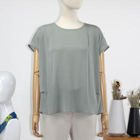 FOCALS女装夏季新款桑蚕丝圆领包袖纯色套头衬衫上衣FRRBN231G2