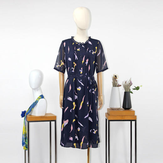FOCALS福柯斯夏季圆领短袖雪纺抽象印花中长款连衣裙F2YBX257BV 商品图4