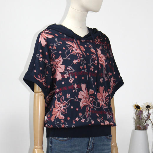 FOCALS女装夏季新款桑蚕丝连帽拼接套头印花衬衫上衣FRRBN237BV 商品图1