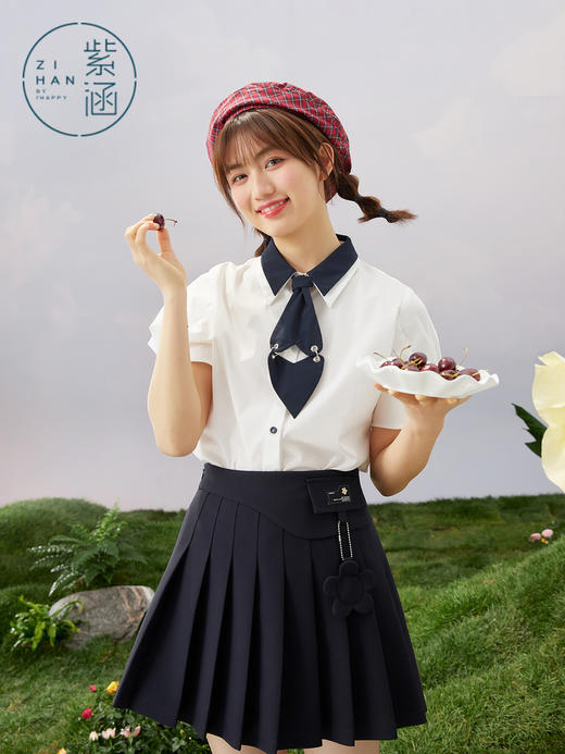 紫涵撞色双层领衬衫短袖女2022夏新款设计感爱心领带上衣03BS169 商品图0