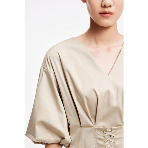 LILY2022夏新款女装气质优雅V领收腰灯笼袖连衣裙122230C7516 商品图1