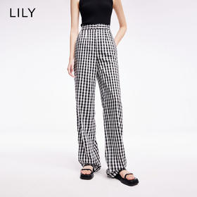 LILY2022夏新款女装时尚气质格子显瘦高腰直筒休闲裤122240C5140