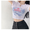 黛唯梵甜辣少女感复古印花短袖t恤女设计感小v领显瘦高腰心机露脐上衣 商品缩略图5