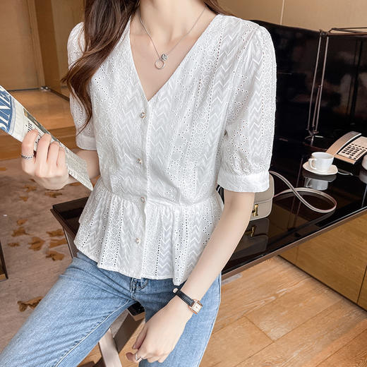 新款短袖，韩版刺绣清新小衫v领棉布衬衫KQL-6812 商品图0