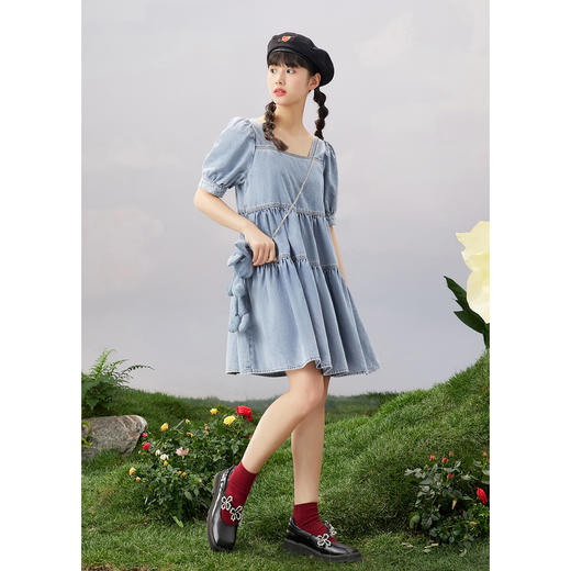 紫涵方领牛仔连衣裙女2022夏新款娃娃裙附链条03BS197 商品图4