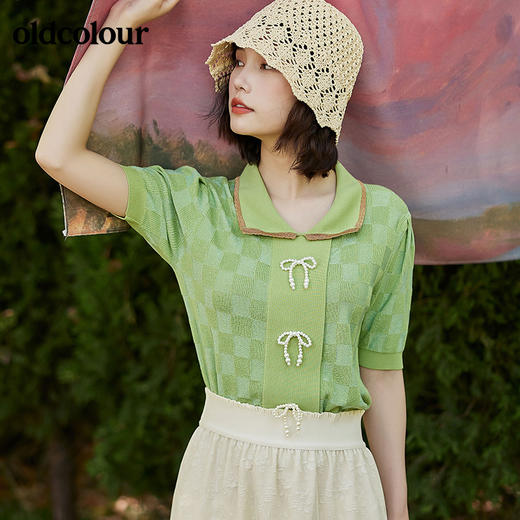 oldcolour2022夏季新品甜美气质短袖短款毛针织衫棋盘格小开衫女BO21052074B 商品图1