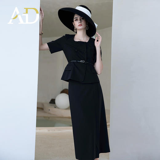 AD赫本风职业套装裙收腰夏新款职业装黑色法式连衣裙两件套 商品图3