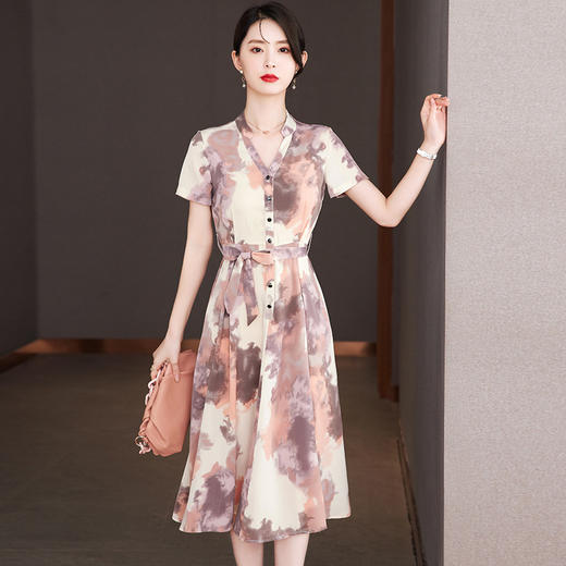 法式复古，时尚洋气中长款收腰显瘦雪纺V领连衣裙CC-5567 商品图2