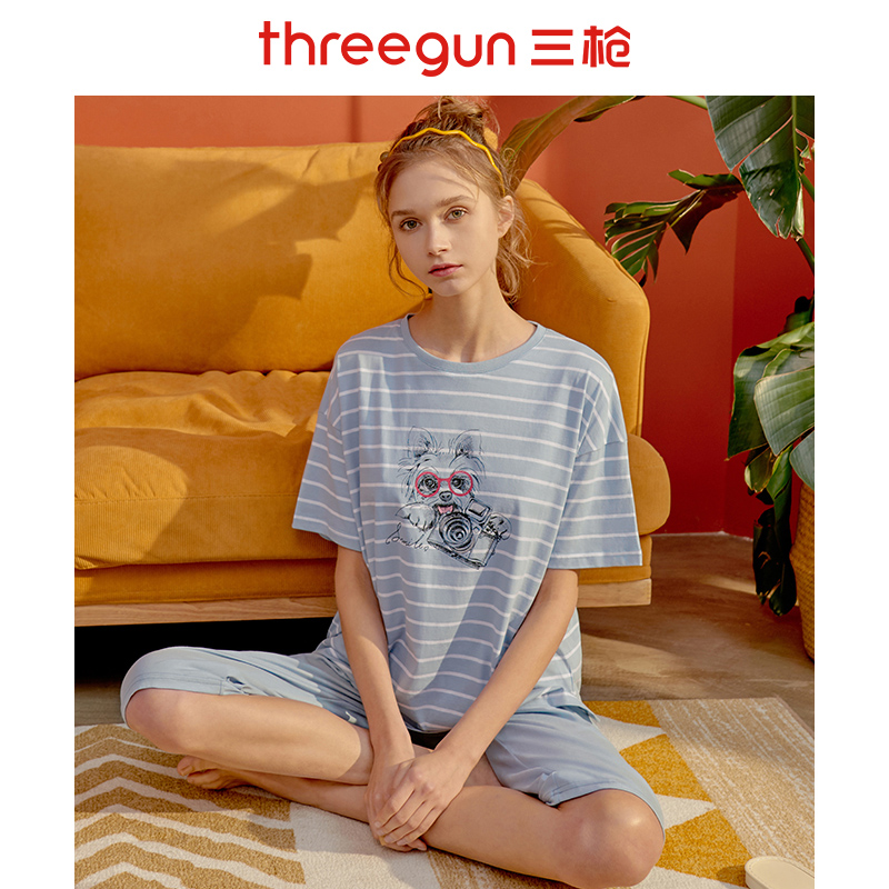 Threegun三枪 【彩条舒肤棉】圆领短袖中裤女士家居套家居服-81374D911