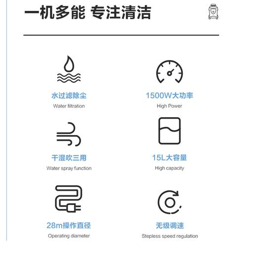 海尔水过滤吸尘器家用桶式强力大功率干湿两用地毯宾馆大吸力浅蓝色 商品图3