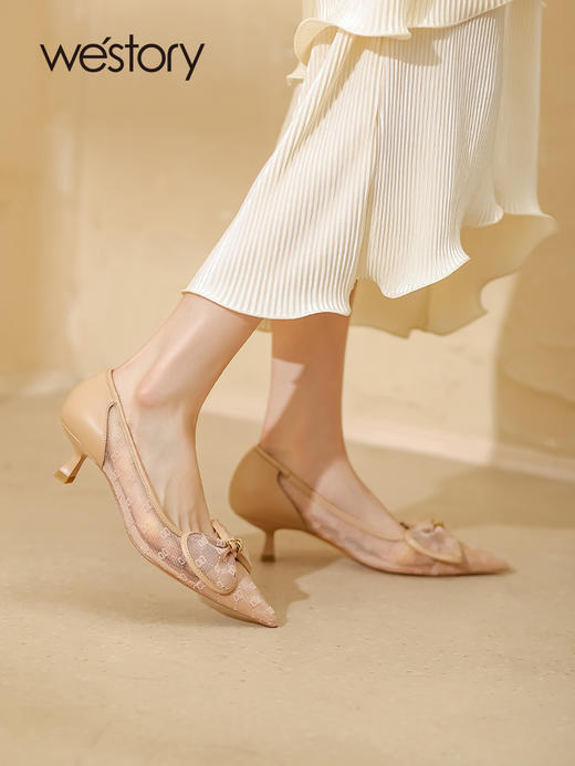 westory2022年夏新款法式气质蝴蝶结网纱波点中细跟尖头单鞋W22AH54871 商品图2