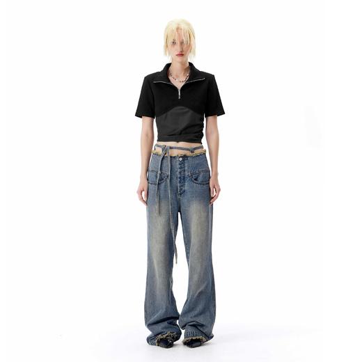 NUTH可拆卸垫肩POLO领复古短袖T恤不规则拼接百搭显瘦短款设计感 商品图1