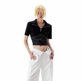 NUTH可拆卸垫肩POLO领复古短袖T恤不规则拼接百搭显瘦短款设计感