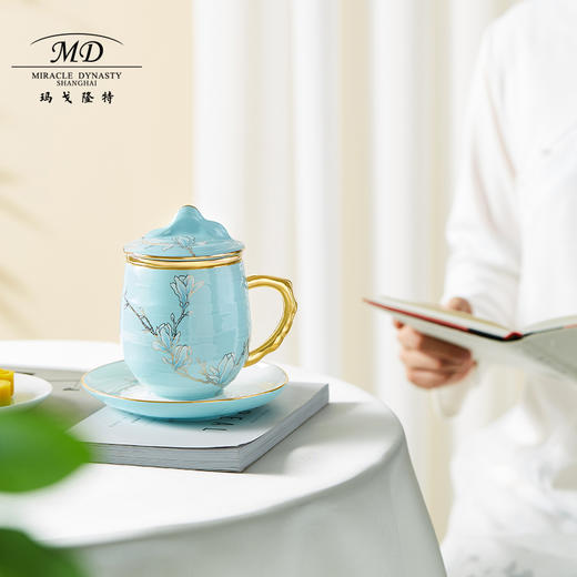 【6F】玛戈隆特 茶杯滤茶杯组合带茶滤茶水分离杯 珐琅彩家用带盖马克杯 行云系列4头行云南山礼盒装 水蓝色-珐琅彩 商品图2