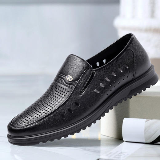 强人夏季皮鞋男牛皮透气凉皮鞋爸爸鞋软底镂空男士皮鞋 商品图1