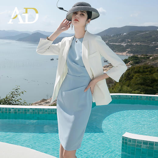 AD御姐范时尚两件套女总裁职业装正装套裙夏季蓝色无袖西装连衣裙 商品图0