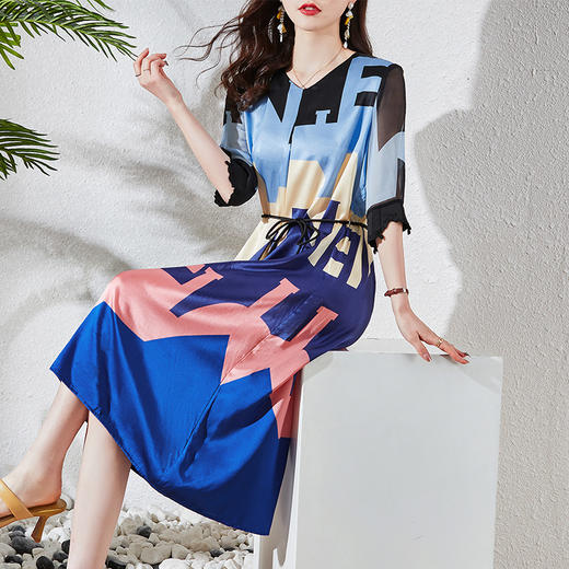 2022印花真丝连衣裙中年妈妈女装收腰显瘦桑蚕丝裙HR-WA22109 商品图0