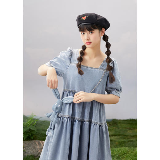 紫涵方领牛仔连衣裙女2022夏新款娃娃裙附链条03BS197 商品图2