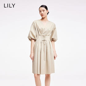 LILY2022夏新款女装气质优雅V领收腰灯笼袖连衣裙122230C7516