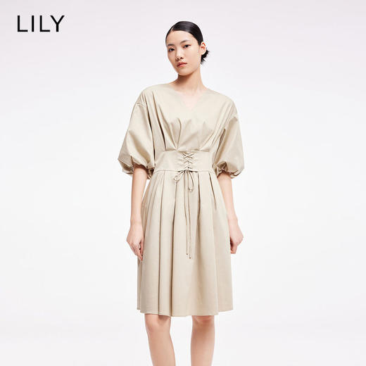LILY2022夏新款女装气质优雅V领收腰灯笼袖连衣裙122230C7516 商品图0