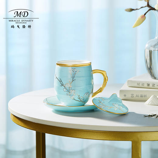 【6F】玛戈隆特 茶杯滤茶杯组合带茶滤茶水分离杯 珐琅彩家用带盖马克杯 行云系列4头行云南山礼盒装 水蓝色-珐琅彩 商品图4