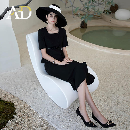 AD赫本风职业套装裙收腰夏新款职业装黑色法式连衣裙两件套 商品图2