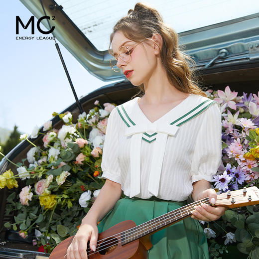 少女海军领V领短袖衬衫+A版半身裙套装2023新款夏装学院风洋气裙 商品图1