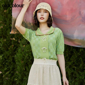oldcolour2022夏季新品甜美气质短袖短款毛针织衫棋盘格小开衫女BO21052074B