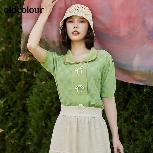 oldcolour2022夏季新品甜美气质短袖短款毛针织衫棋盘格小开衫女BO21052074B 商品图0