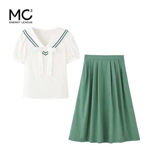 少女海军领V领短袖衬衫+A版半身裙套装2023新款夏装学院风洋气裙 商品图3