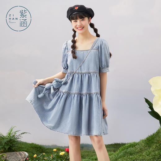 紫涵方领牛仔连衣裙女2022夏新款娃娃裙附链条03BS197 商品图1