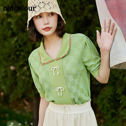 oldcolour2022夏季新品甜美气质短袖短款毛针织衫棋盘格小开衫女BO21052074B 商品图4