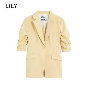 LILY2022夏新款女装气质款纯色别致褶皱修身西装外套122220C2163