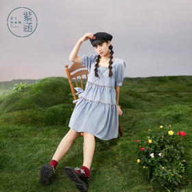 紫涵方领牛仔连衣裙女2022夏新款娃娃裙附链条03BS197