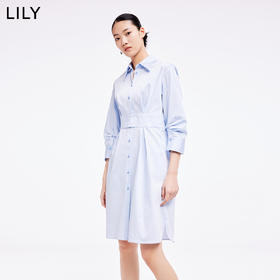 LILY2022夏新款女装复古气质纯色显瘦腰封衬衫连衣裙122240C7161