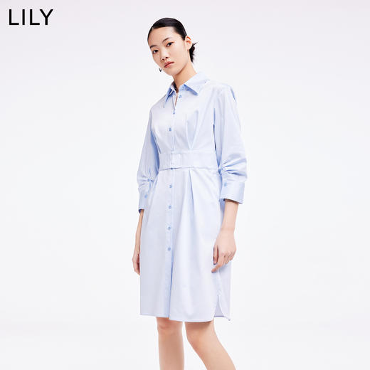 LILY2022夏新款女装复古气质纯色显瘦腰封衬衫连衣裙122240C7161 商品图0