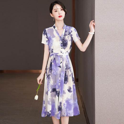 法式复古，时尚洋气中长款收腰显瘦雪纺V领连衣裙CC-5567 商品图0