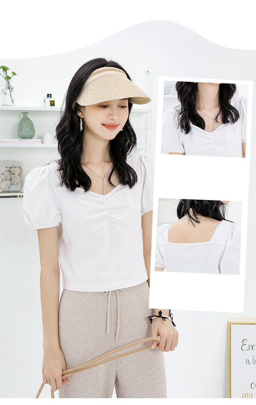 黛唯梵真维斯方领黑色T恤女别致小上衣ins早春2022年流行小衫短款上衣女 商品图3