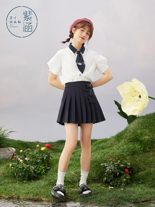 紫涵撞色双层领衬衫短袖女2022夏新款设计感爱心领带上衣03BS169 商品图2