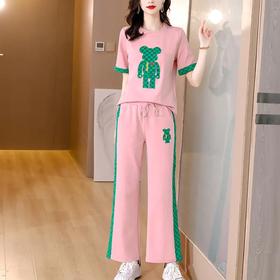 JLTX-8988新款炸街洋气时尚短袖休闲欧洲站粉色运动套装两件套