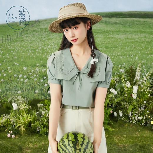 紫涵方领套头小衫女士花边直筒森系短袖衬衫04ZS535 商品图1