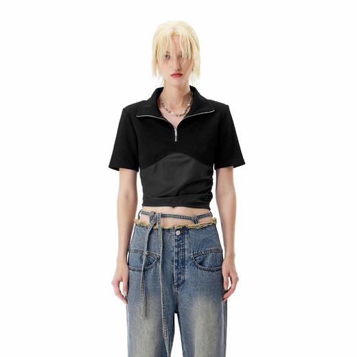 NUTH可拆卸垫肩POLO领复古短袖T恤不规则拼接百搭显瘦短款设计感 商品图2