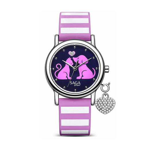 SAGA世家手表 猫狗爱心挂坠条纹儿童手表 商品图0
