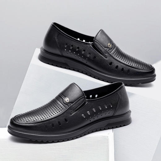 强人夏季皮鞋男牛皮透气凉皮鞋爸爸鞋软底镂空男士皮鞋 商品图2