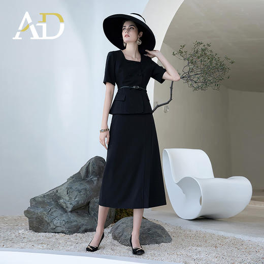 AD赫本风职业套装裙收腰夏新款职业装黑色法式连衣裙两件套 商品图0