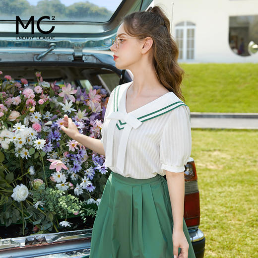 少女海军领V领短袖衬衫+A版半身裙套装2023新款夏装学院风洋气裙 商品图0