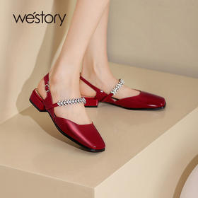 Westory2022年夏季新款法式方头水钻包头后空玛丽珍鞋S22AH55021