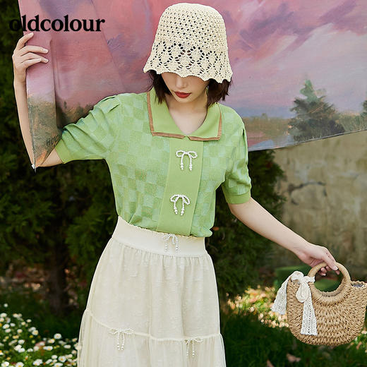 oldcolour2022夏季新品甜美气质短袖短款毛针织衫棋盘格小开衫女BO21052074B 商品图3
