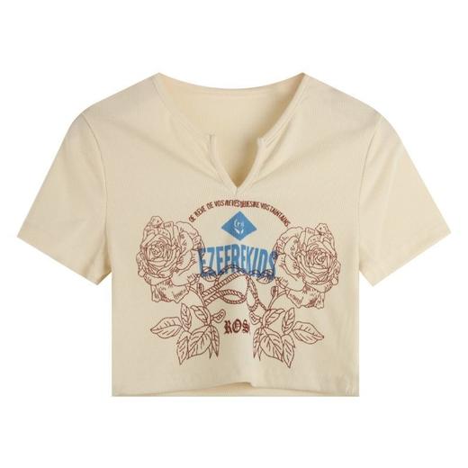 黛唯梵甜辣少女感复古印花短袖t恤女设计感小v领显瘦高腰心机露脐上衣 商品图6