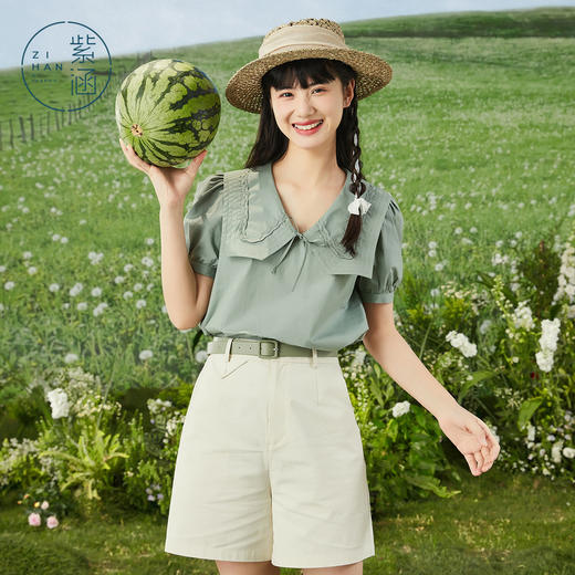 紫涵方领套头小衫女士花边直筒森系短袖衬衫04ZS535 商品图0